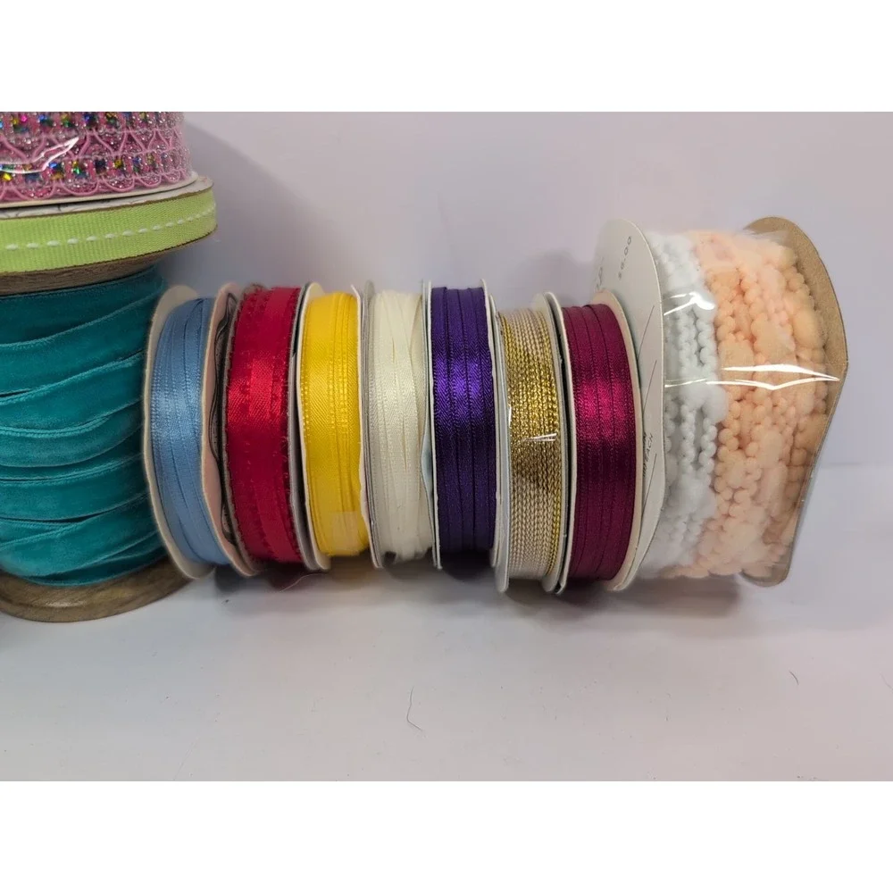15 Spools Of‎ Ribbon Lot Purple Crochet Beaded Velvet Etc